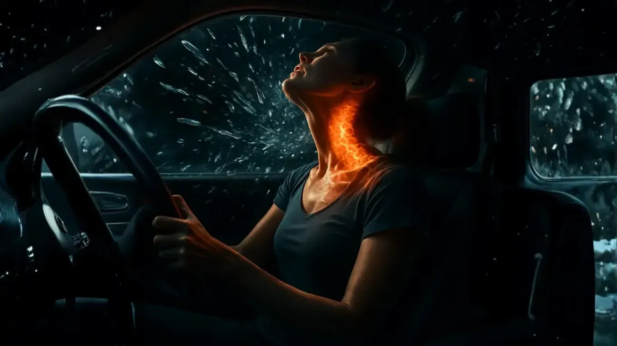 A female driver in a vehicle experiencing severe whiplash from a car accident impact, with a glowing orange light overlay illustrating acute cervical spine and neck injury.
