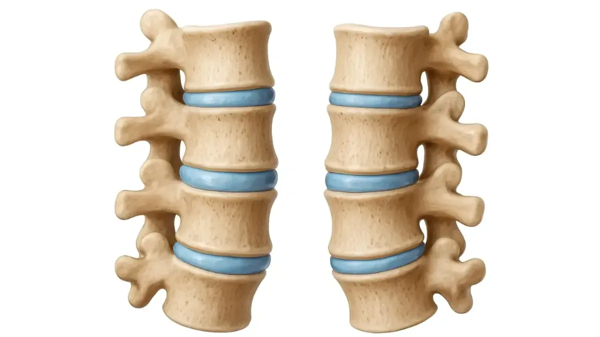 An anatomical illustration comparing healthy and degenerated lumbar spine segments with blue intervertebral cushions, highlighting disc thinning conditions treated in Fort Mill, SC.