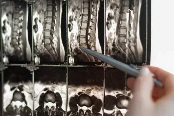A clinical review of a lumbar spine MRI film using a pen to trace vertebral column spacing during a comprehensive back pain diagnostic exam in Fort Mill, SC.