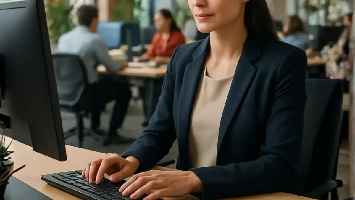 A professional woman working at a computer desk keyboard in a corporate office setting, illustrating desk ergonomics that impact lower back pain relief in Fort Mill, SC.