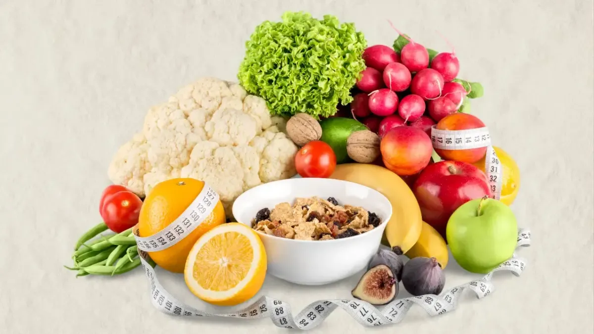 An array of fresh fruits, vegetables, cereal, and a measuring tape, illustrating anti-inflammatory nutrition for lower back pain relief in Fort Mill, SC.