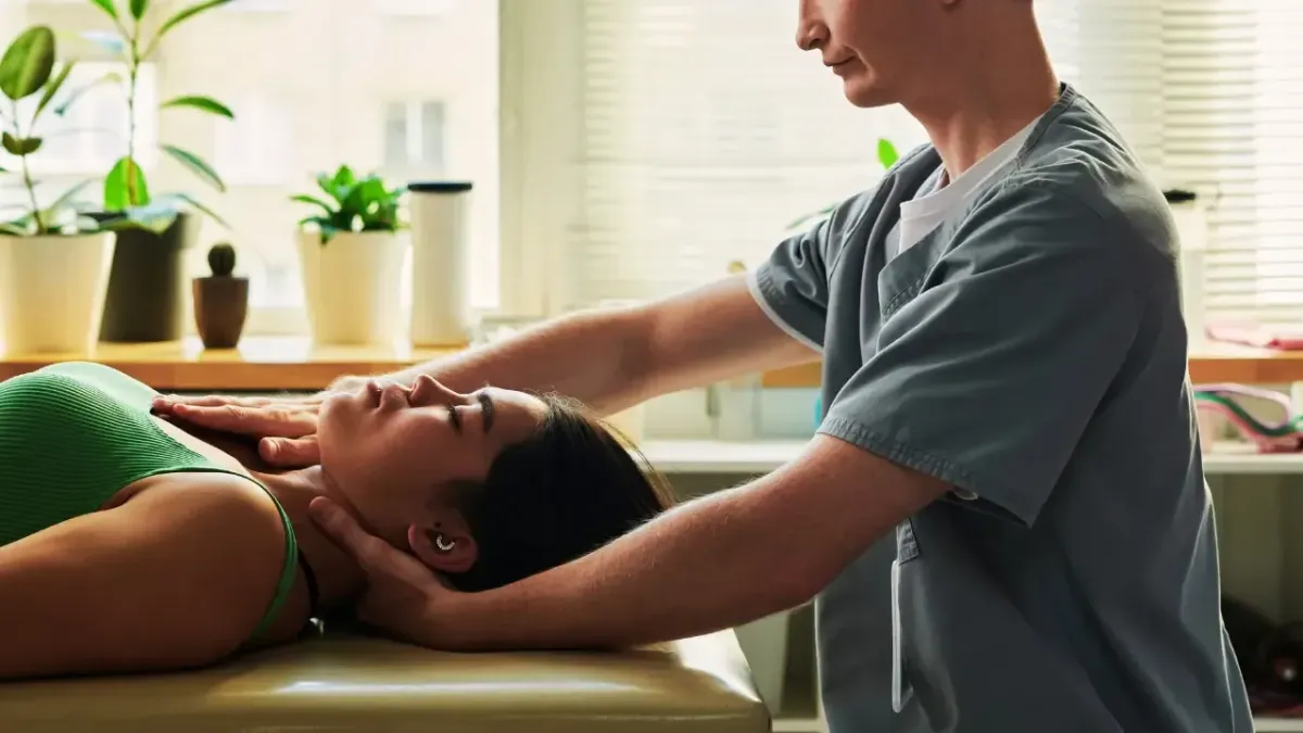 A chiropractor wearing grey medical scrubs performing a manual cervical spine adjustment on a woman lying down for targeted headache treatment in Fort Mill, SC.