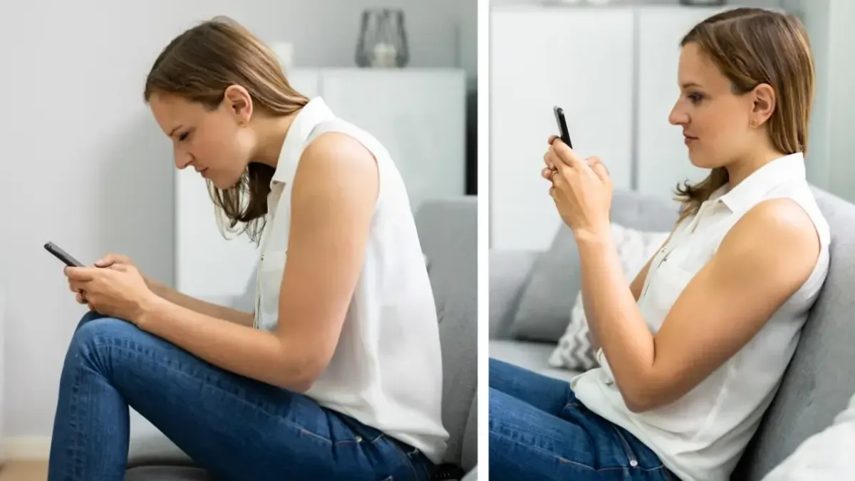 Side-by-side comparison of a woman showing bad slouched posture while using a smartphone versus correct upright spinal alignment for tech neck treatment in Fort Mill, SC.
