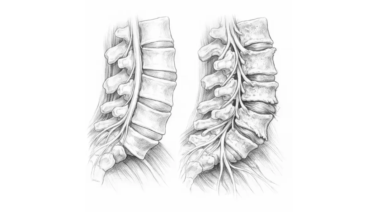 An anatomical sketch comparing a healthy lumbar spine to a degenerated spine with bone spurs and disc narrowing for degenerative joint disease treatment in Fort Mill, SC.