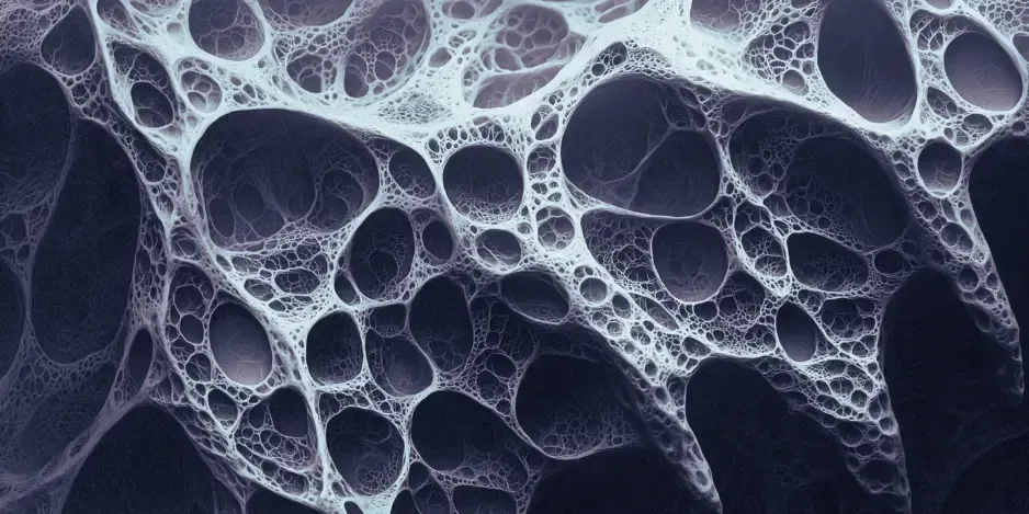 Microscopic view of porous bone structure illustrating bone density loss from osteopenia and osteoporosis treated at Gonstead Chiropractic Center in Fort Mill SC.