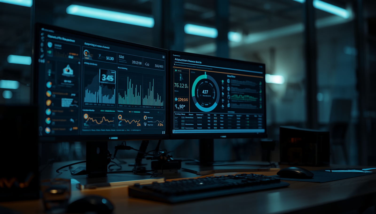 The images convey that powerful feeling of "decisions being made without you" — machines quietly analyzing, scoring, and comparing while the office sits empty. Very much that editorial tech photography vibe where AI and automation are the silent protagonists.