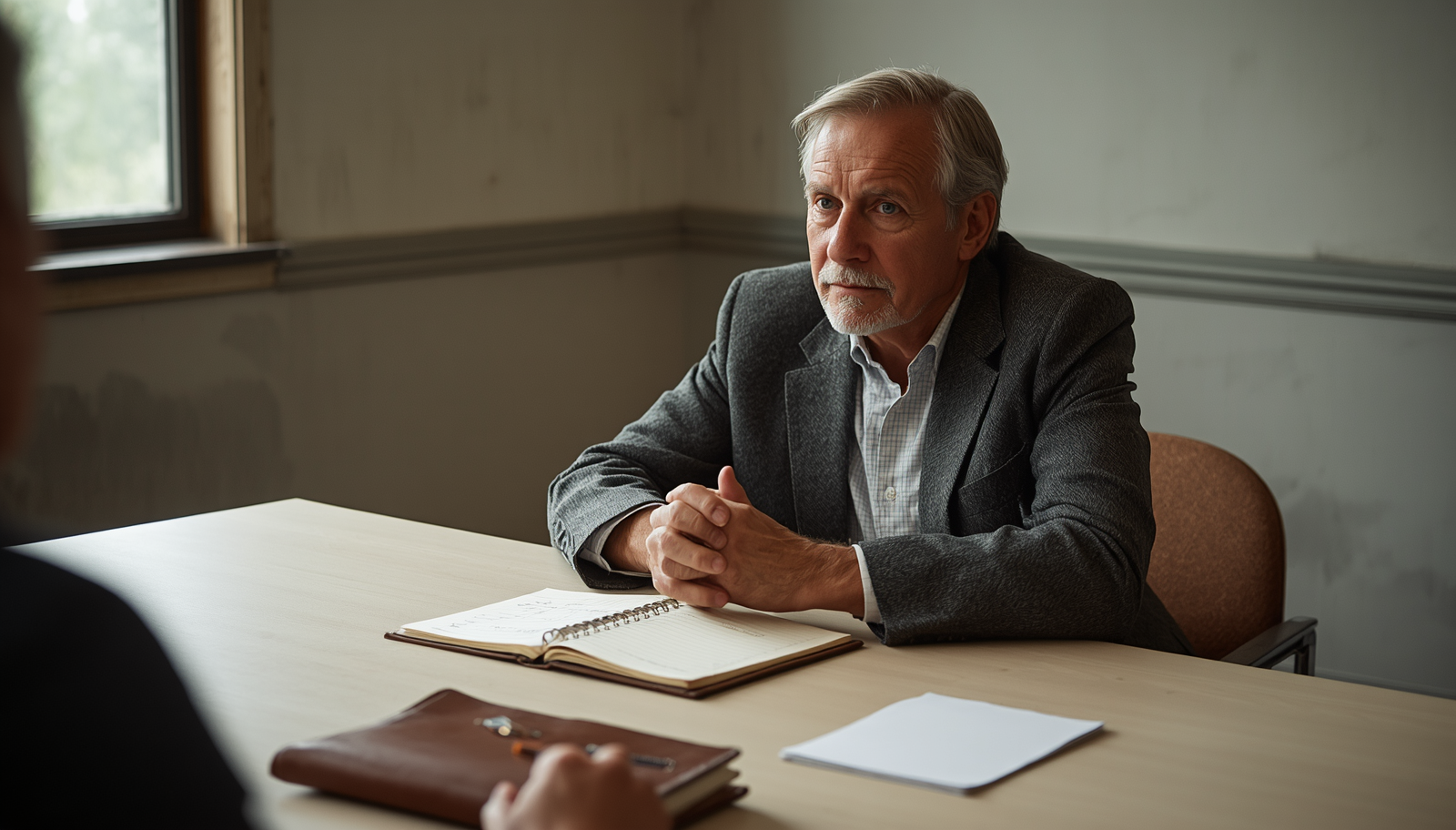 National Geographic documentary-style photograph shot on medium format film. A weathered, confident man in his early 60s sits across a plain boardroom table from someone just out of frame, hands clasped, leaning slightly forward — the posture of someone sharing hard-earned wisdom, not selling anything. Natural window light from the left. A worn leather notebook open in front of him, handwritten notes visible but not legible. The room is modest, real — not a staged corporate setting. Feels like a conversation that changes how someone thinks about their future.