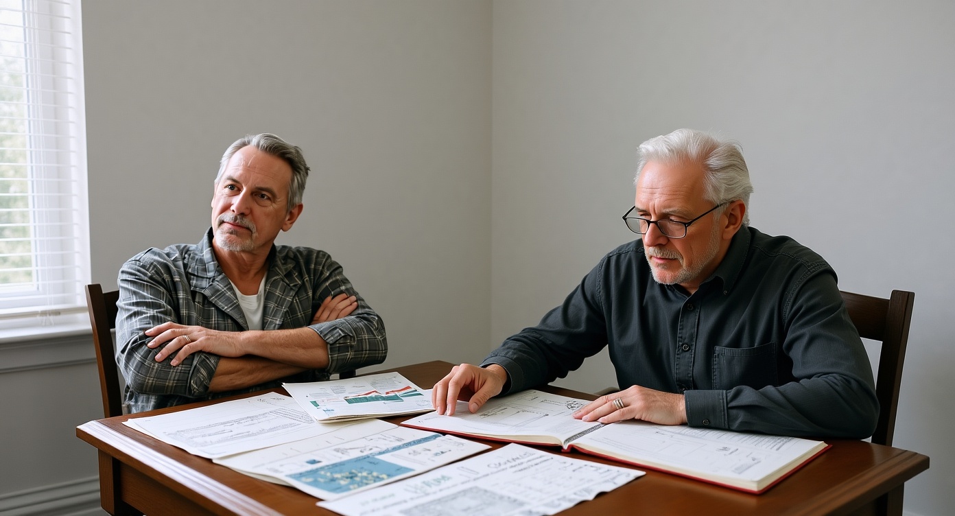 Two business advisors reviewing financial documents together at a working table, representing the analytical and operational expertise behind Blue Horizons AI's exit advisory approach.