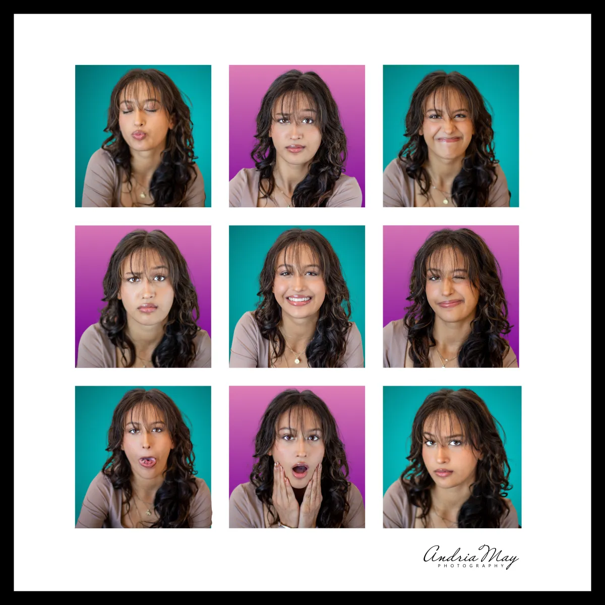 Teenage girl making silly faces during a bold, colorful portrait session with Andria May Photography in Gilbert, Arizona.