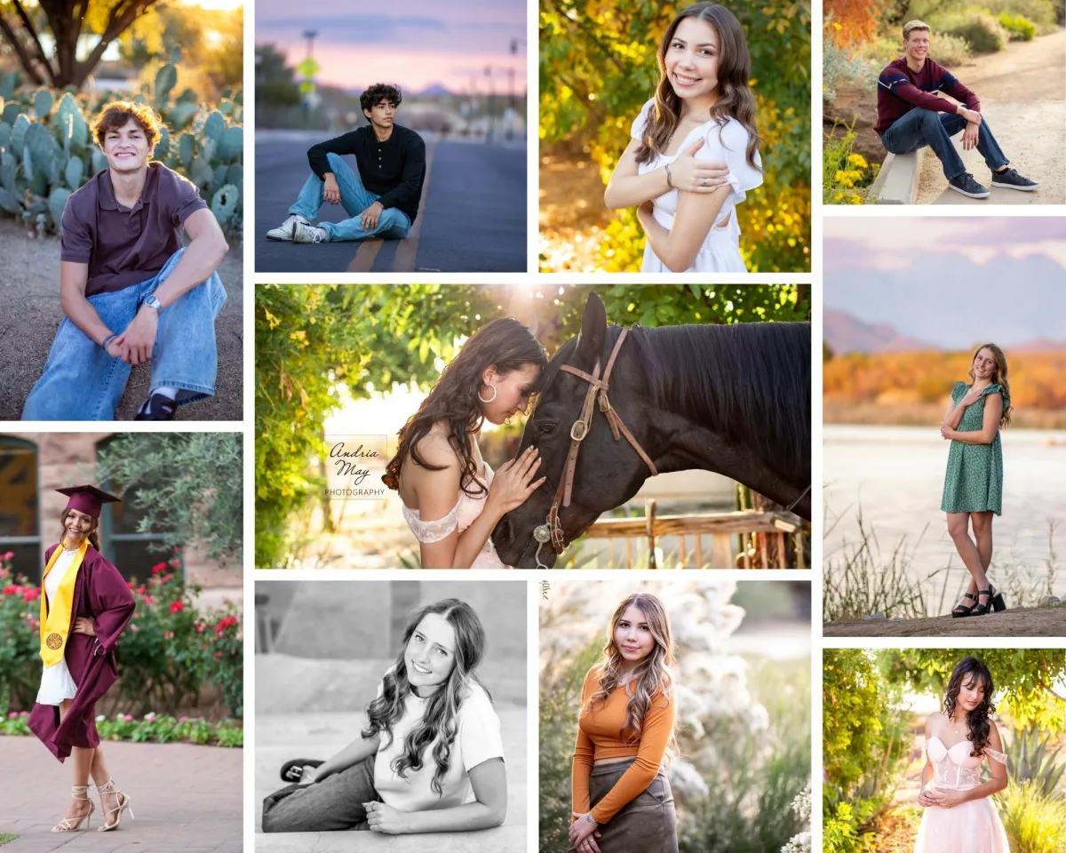 Collage of senior portraits by Gilbert photographer Andria May, featuring high school seniors posed in desert landscapes, downtown streets, and natural light settings across the East Valley—showcasing cap and gown photos, sunset sessions, and personalized portraits with horses and nature backdrops.