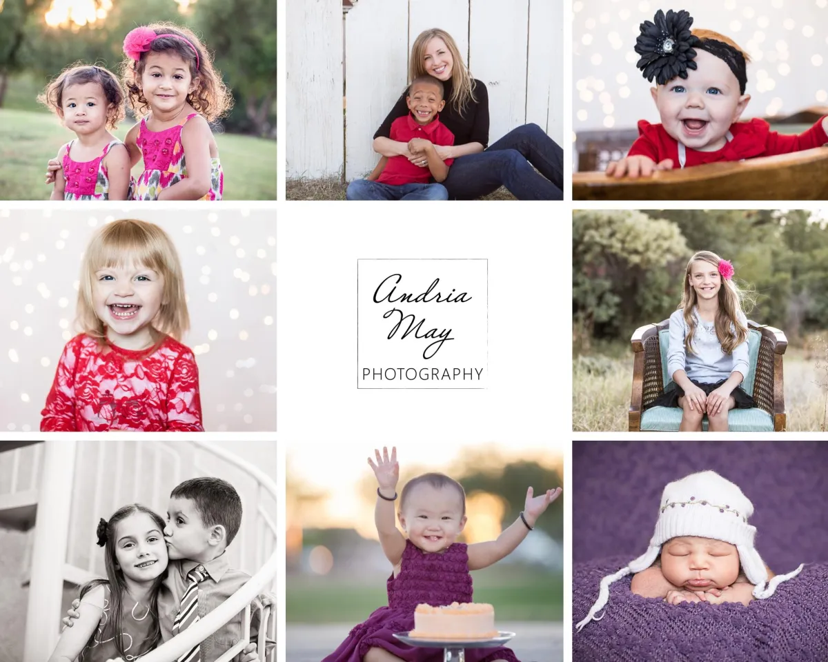 Collage of children’s portraits by Gilbert photographer Andria May, featuring siblings at sunset, joyful toddlers, a smiling baby in a knit hat, a girl sitting outdoors on a vintage chair, siblings sharing a hug, a cake smash celebration, and studio-style portraits with twinkle lights—captured across Gilbert and the East Valley.