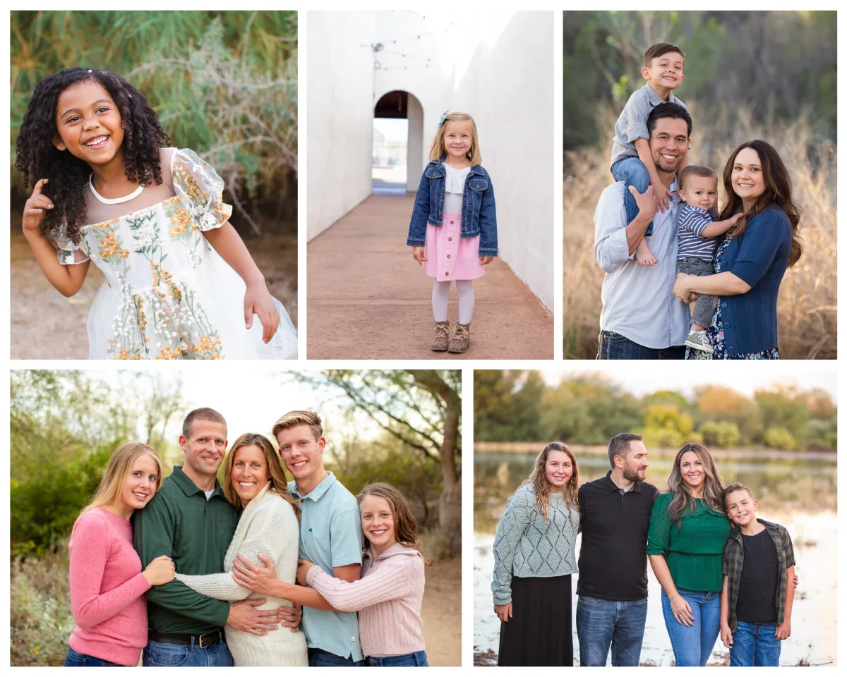 Collage of family and children’s portraits by Gilbert photographer Andria May, featuring a smiling girl in a floral dress, a child under white arches, a young family with two boys, a desert session with a family of five, and a lakeside portrait with a family of four—captured across Gilbert and the East Valley.