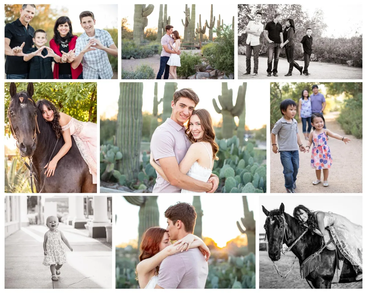 Collage of custom portrait sessions by Gilbert photographer Andria May, featuring a family posing together, a couple in the desert surrounded by cacti, black-and-white family photos, siblings walking on a trail, a toddler in a sunlit walkway, a girl riding a black horse, and romantic couple portraits at sunset—captured across Gilbert, Chandler, and the East Valley.