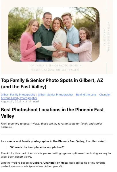 Screenshot of a blog post titled “Top Family & Senior Photo Spots in Gilbert, AZ (and the East Valley)” by Andria May Photography, featuring a smiling family portrait and a guide to the best photoshoot locations across Gilbert, Chandler, and Mesa.