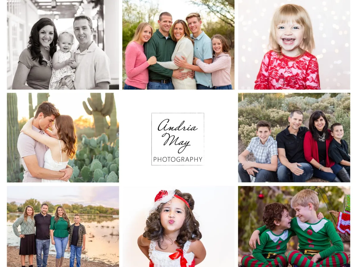 Collage of family and children holiday portraits by Andria May Photography in Gilbert, Arizona, created for the Making Spirits Bright campaign supporting AIM for Christ.