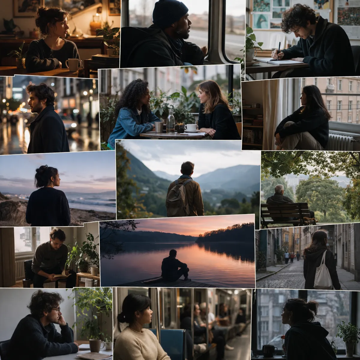 Diverse individuals in reflective moments, exploring personal insights and connections, relevant to Enneagram personality assessment and self-discovery.