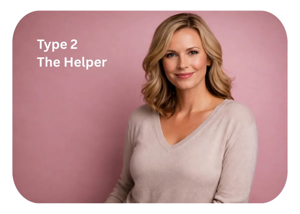 Type 2 personality representation, "The Helper," featuring a smiling woman in a light sweater against a pink background, illustrating Enneagram personality types for personal growth and relationship insights.