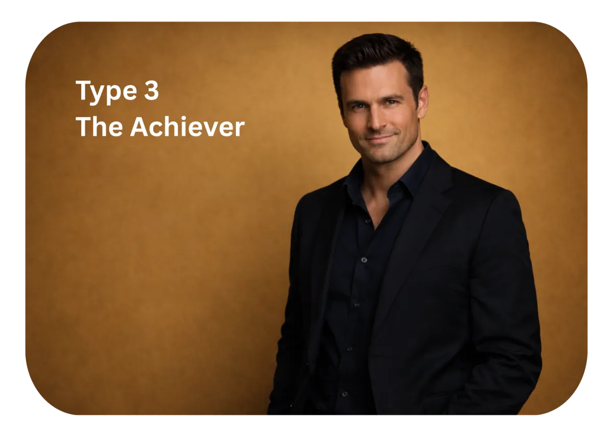 Type 3 Enneagram personality representation, "The Achiever," featuring a confident man in a black suit against a warm brown background, symbolizing ambition and personal growth.