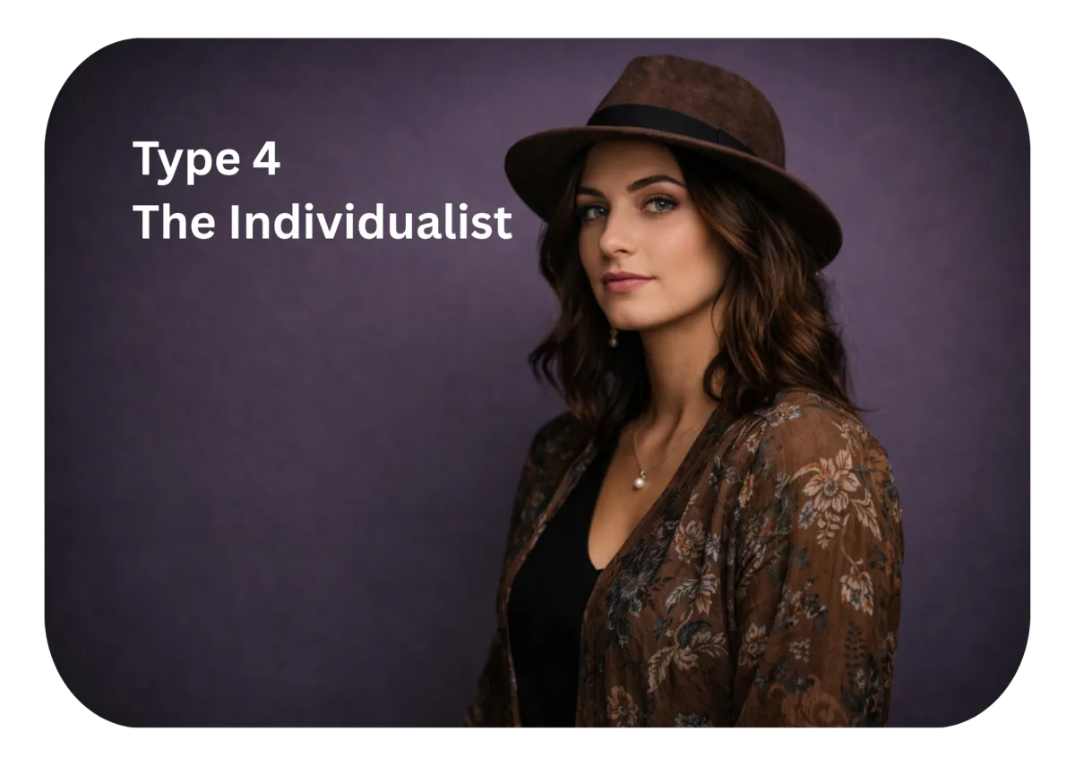 Type 4 Enneagram representation featuring a woman with wavy hair wearing a brown hat and floral-patterned shawl, against a purple background, symbolizing the Individualist personality type.