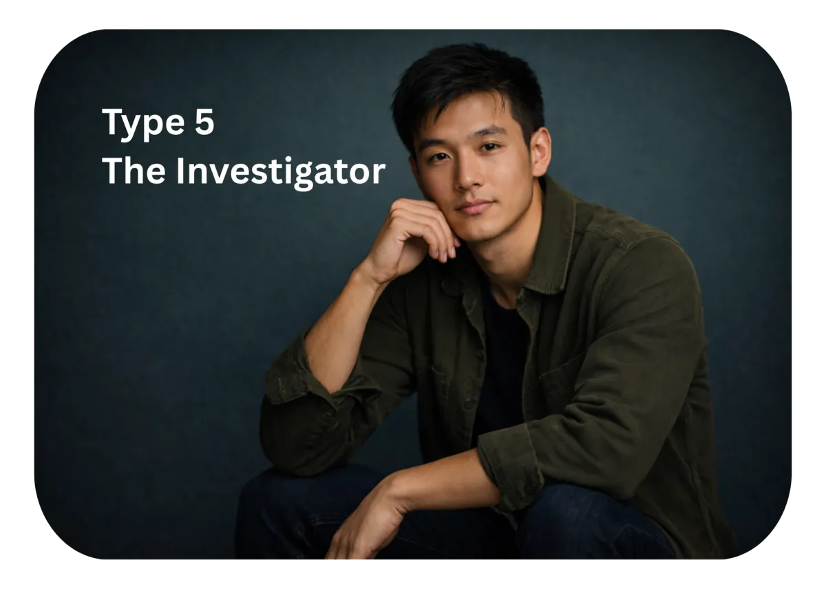 Type 5 The Investigator portrait illustrating Enneagram personality insights for personal growth and understanding.
