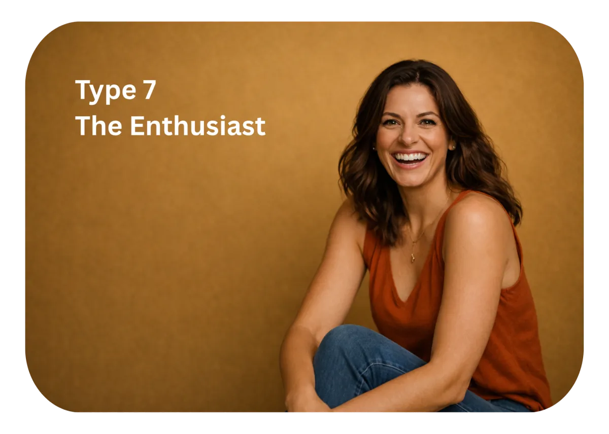 Type 7 Enneagram personality representation featuring a smiling woman in a casual outfit against a warm brown background, illustrating the Enthusiast archetype for personal growth and self-discovery.