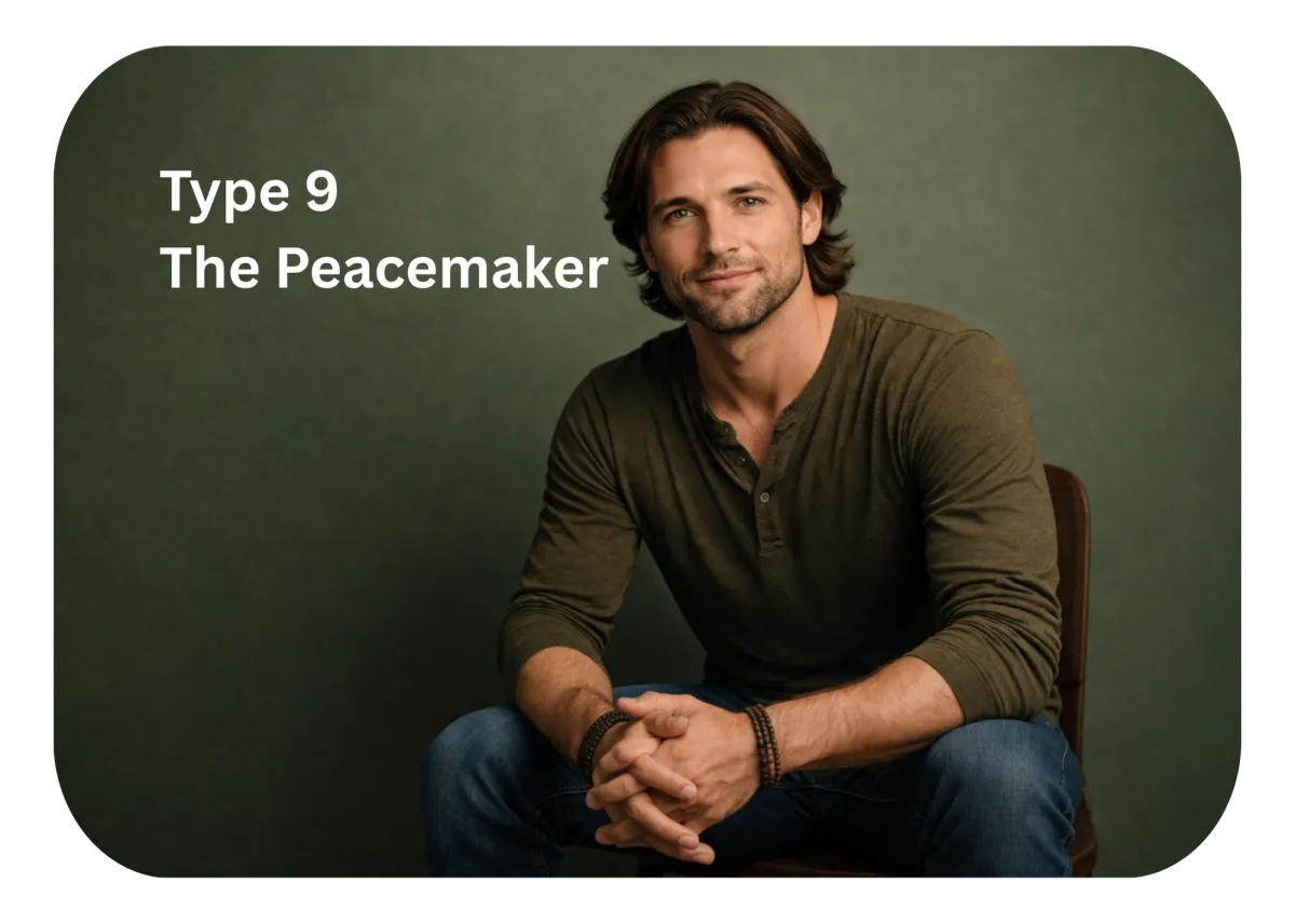 Type 9 Enneagram personality representation, "The Peacemaker," featuring a man sitting with a calm expression against a muted green background.