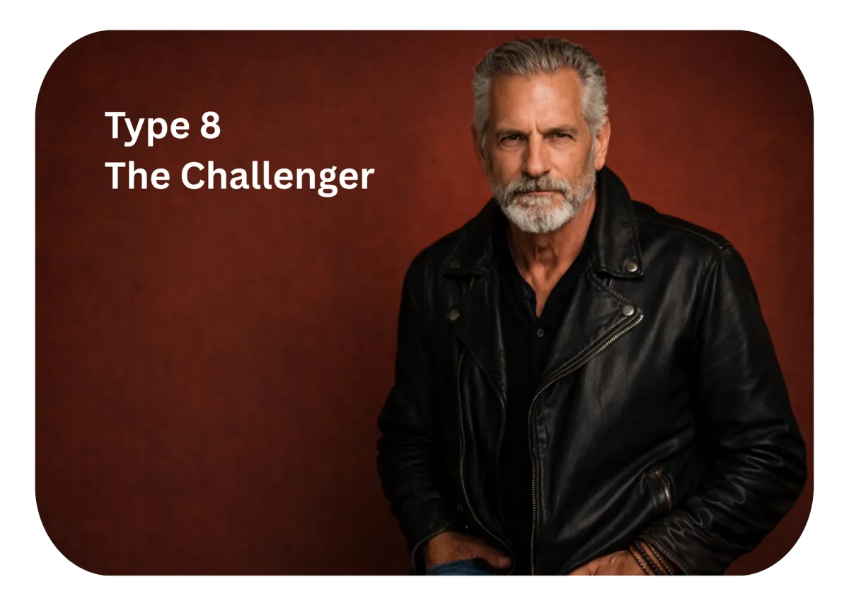 Type 8 Enneagram personality representation, "The Challenger," featuring a man in a leather jacket against a warm background, symbolizing strength and assertiveness.