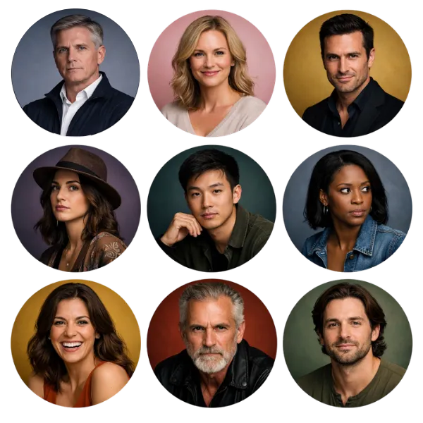 Nine circular portraits of diverse individuals, showcasing a range of expressions and styles, reflecting themes of personality and relationships in the context of Enneagram mapping.