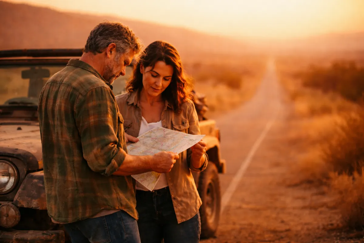 Man studying a map beside a rugged vehicle on a deserted road at sunset, symbolizing exploration and self-discovery in the context of Enneagram personality mapping.