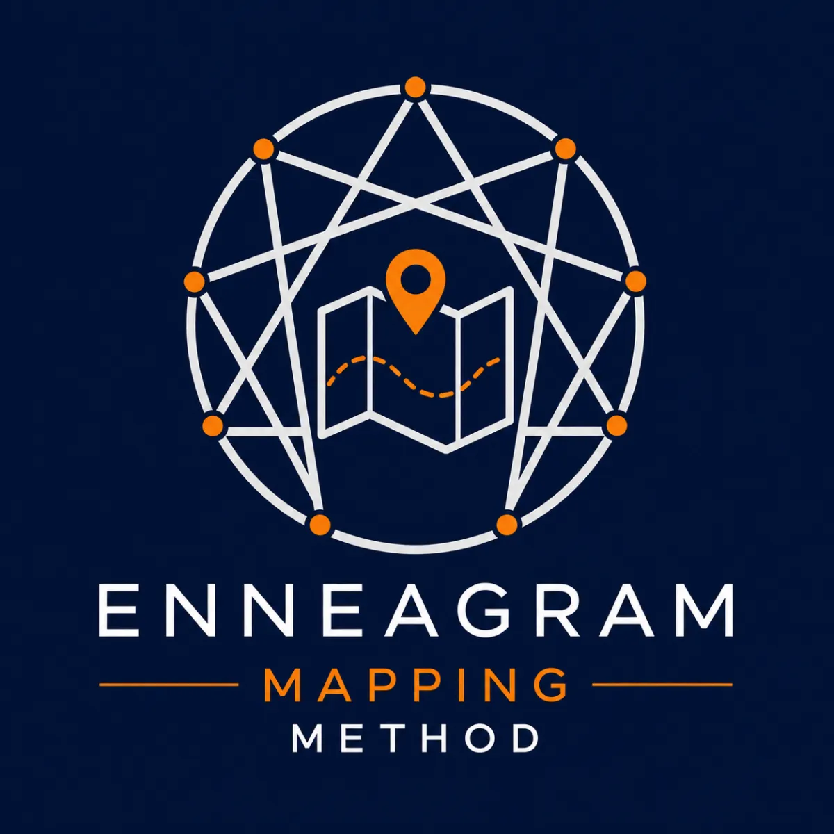 Enneagram Mapping logo featuring a geometric design with a location pin, symbolizing personality type exploration and personal growth.