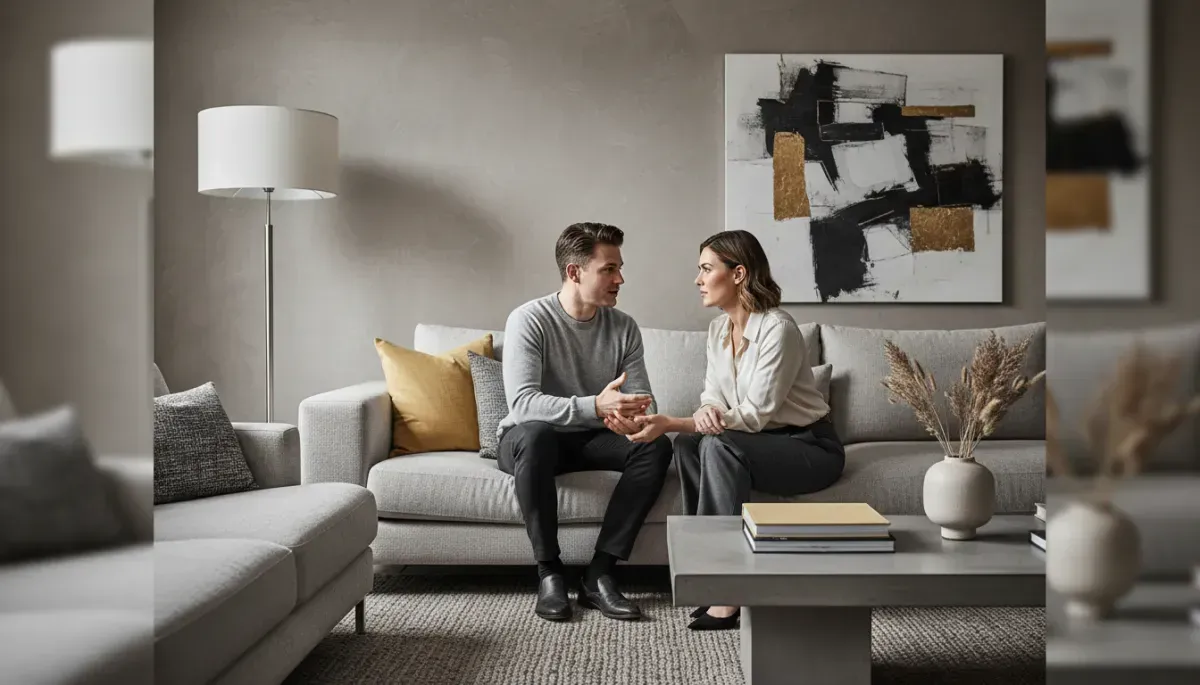 Couple in living room, man speaking calmly, woman listening attentively
