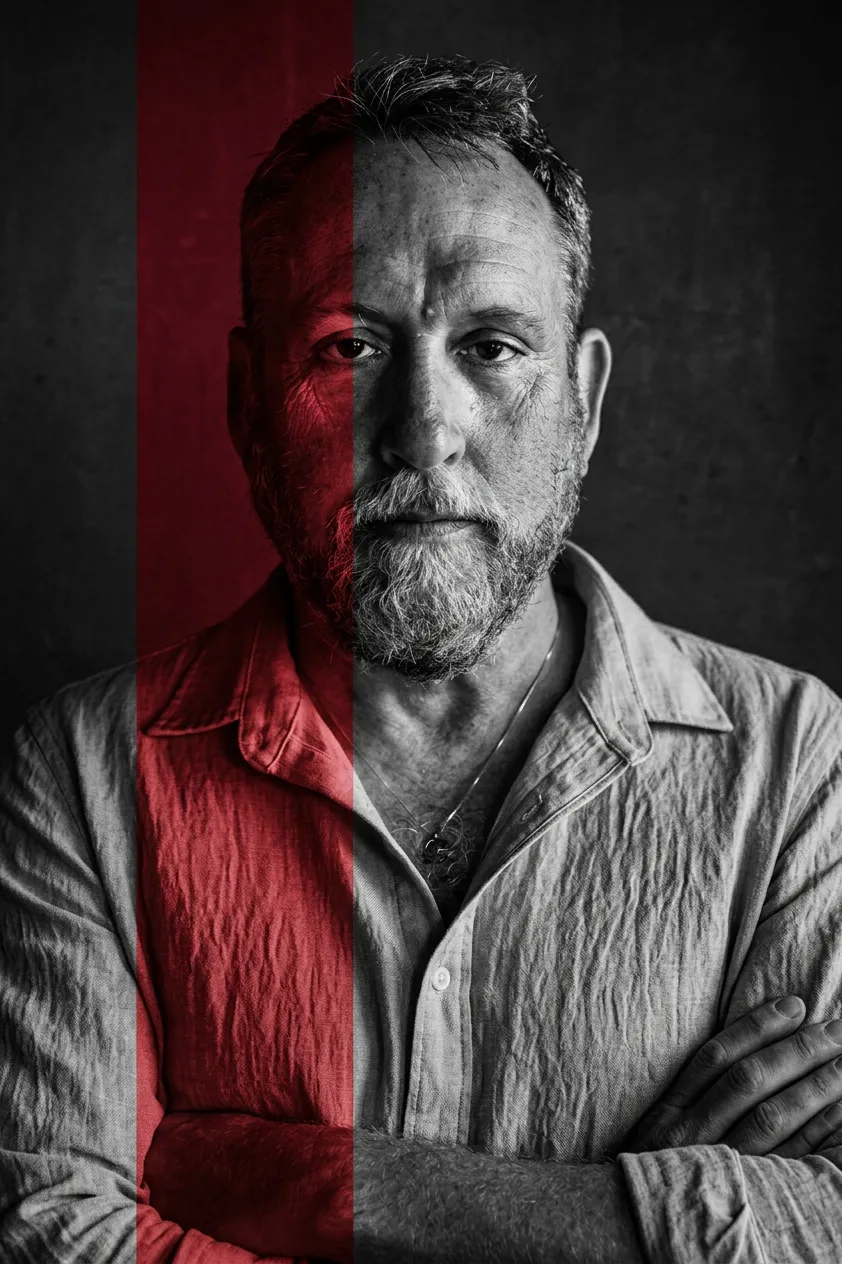 Chuck Chapman portrait in high contrast black and white with red color-block authority framing