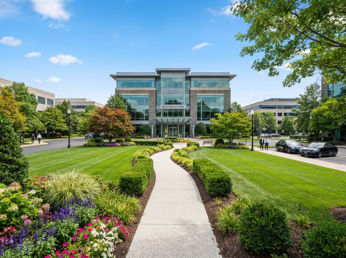 Modern commercial office park with well-maintained green lawns, pathways, and trees.