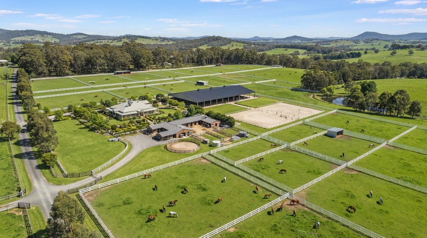 Aerial view of a large equestrian farm with paddocks, green grass, rolling hills, and a central building complex.