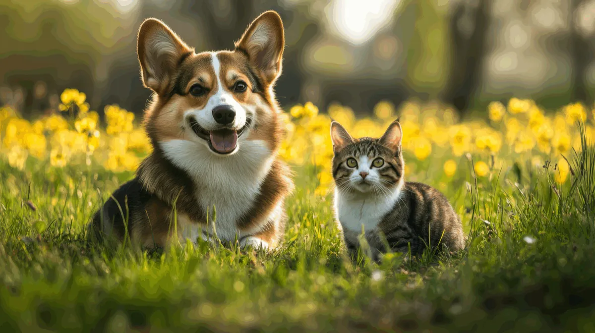 Soins énergétiques pour animaux, un chien et un chat assis côte à côte dans un pré de fleurs jaune
