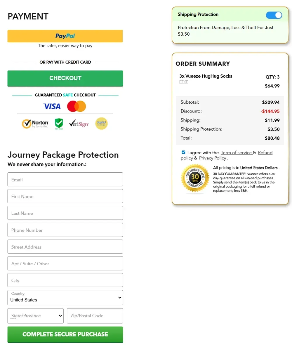 checkout page of Vueeze HugHug Socks