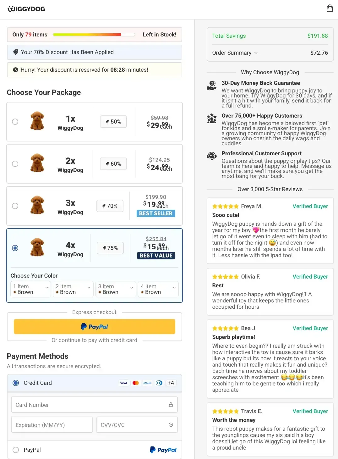 checkout page of wiggydog