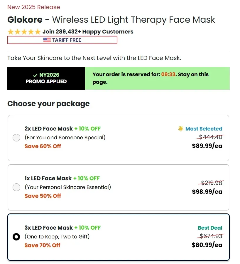 Glokore LED Mask pricetable 