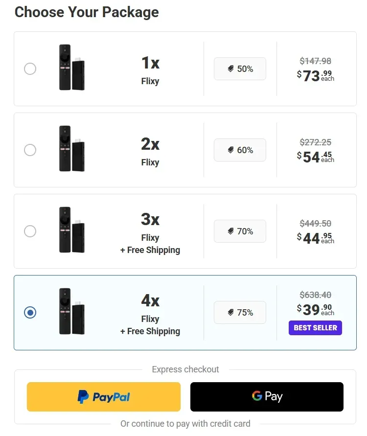 Flixy TV Stick pricetable 