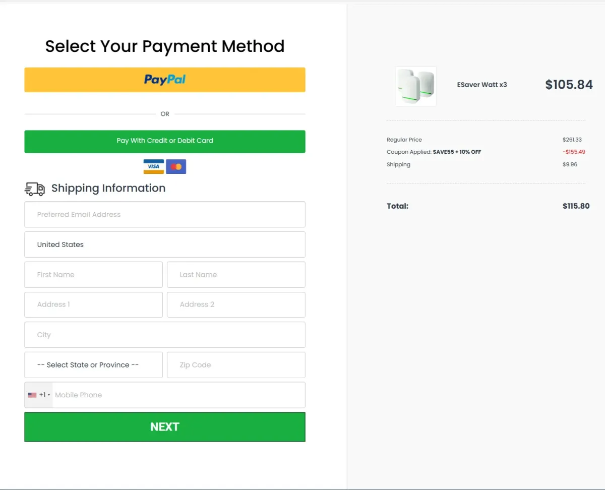 checkout page Esaver Watt