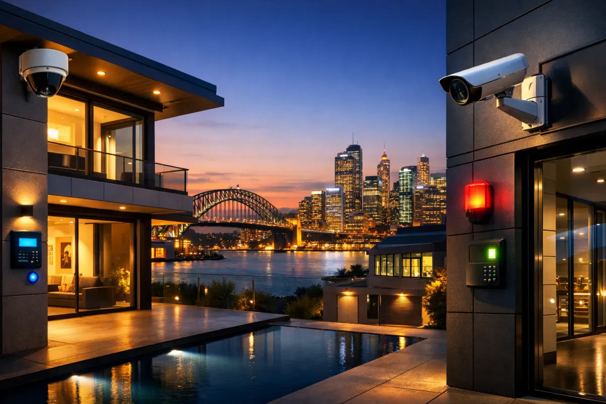 A futuristic security robot with flashing lights on display.