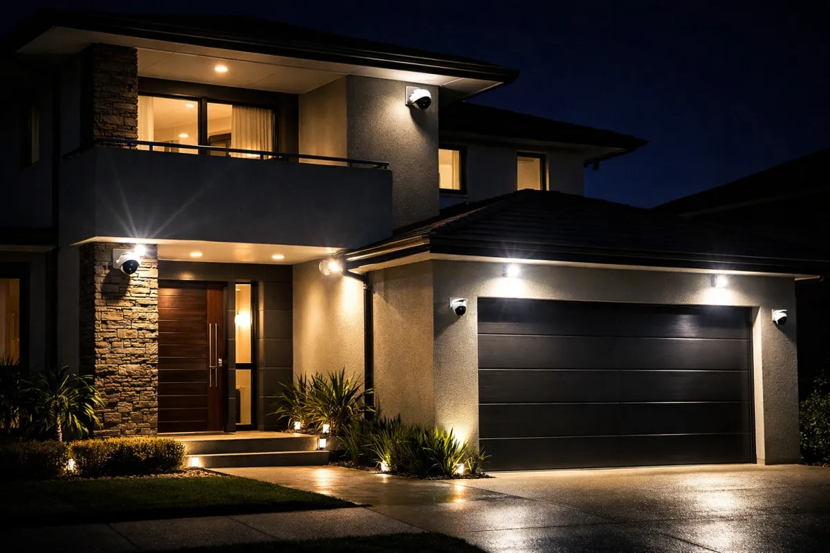 Sydney home at night with security lighting and CCTV cameras providing residential protection