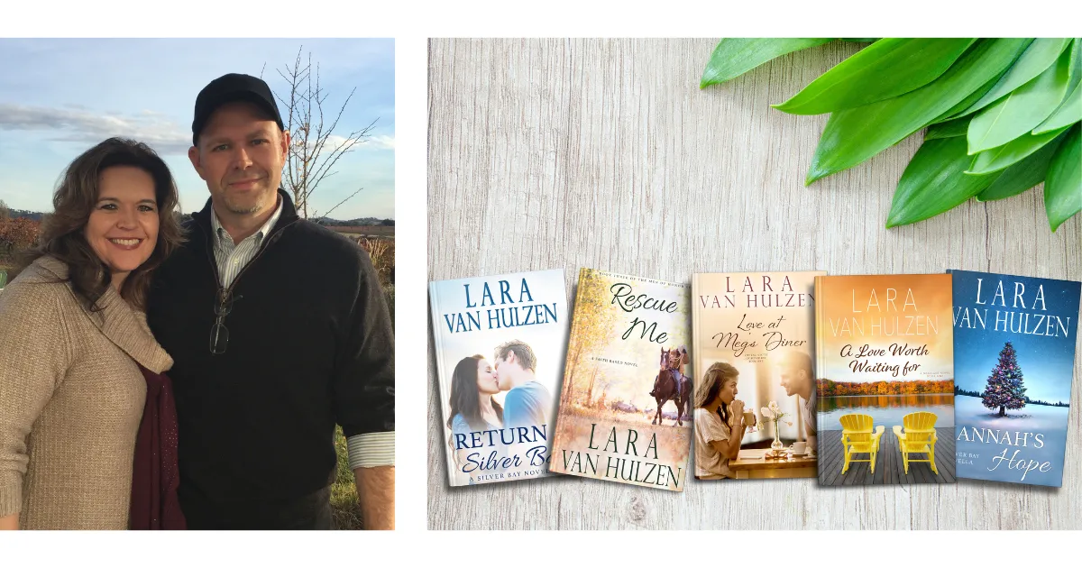 A photo of Lara and her husband alongside a selection of her books