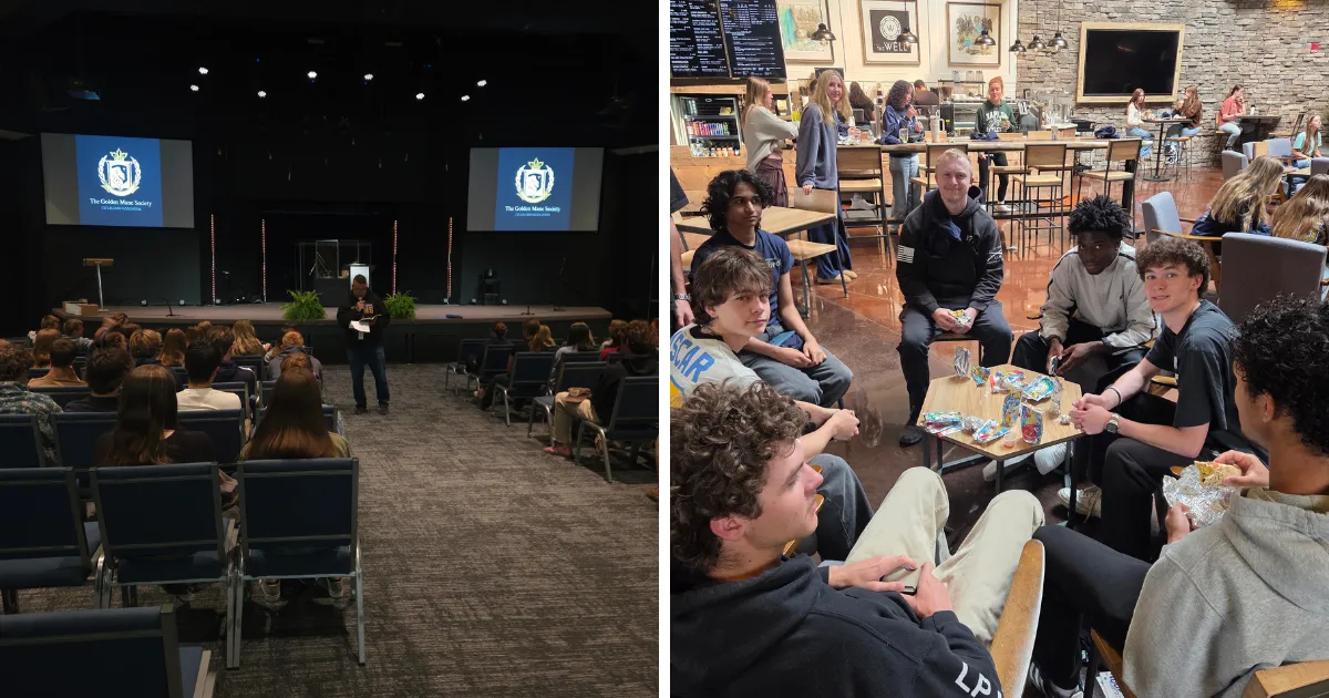 Two photos. One of Abe Thompson speaking in front of the graduates. The second is a group of seven young men eating in a coffee shop. 