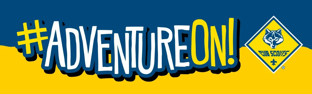 Graphic banner reading '#ADVENTUREON!' with the Cub Scouts diamond logo.