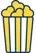 Illustration of a blue and yellow striped popcorn bucket filled with popcorn.