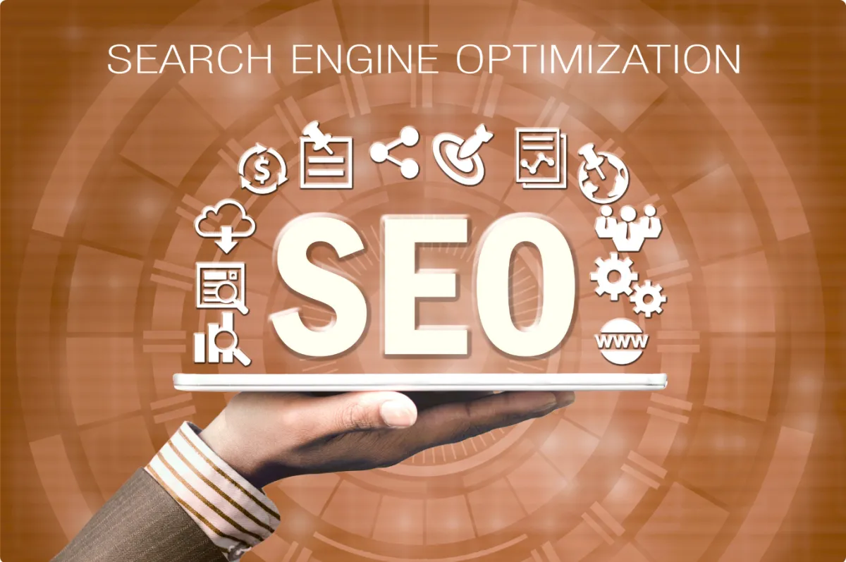 hand holding a tray with the word "SEO" on top and various icons floating on top
