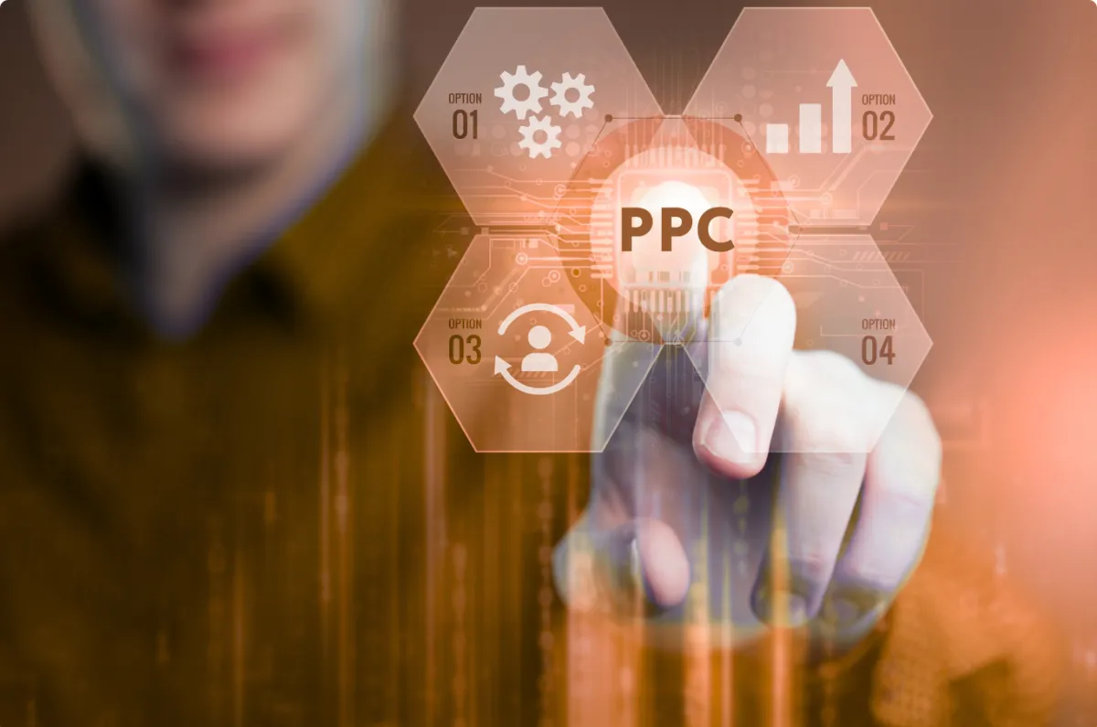 man pressing a futuristic screen with the word "PPC" on it