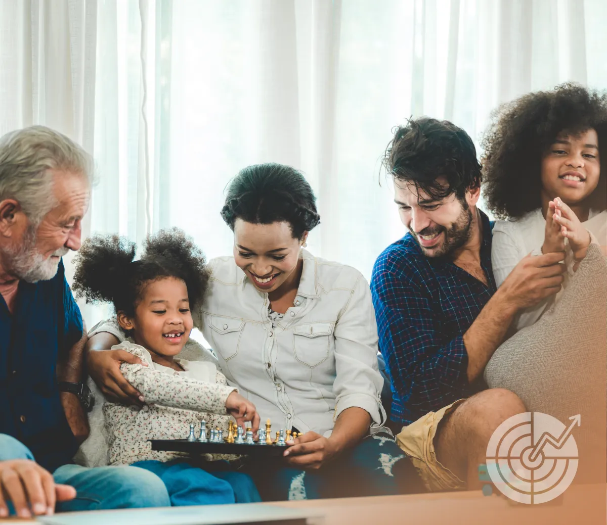 candid photo of a family in a casual bonding session discussing and a child playing chess