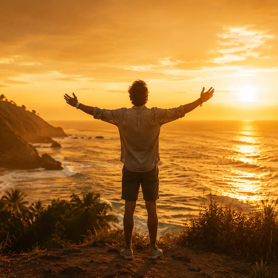 Person standing with arms outstretched on a cliff at sunset, symbolizing the Relaunch Retreat’s focus on stopping, resetting and relaunching with clarity and renewed perspective.